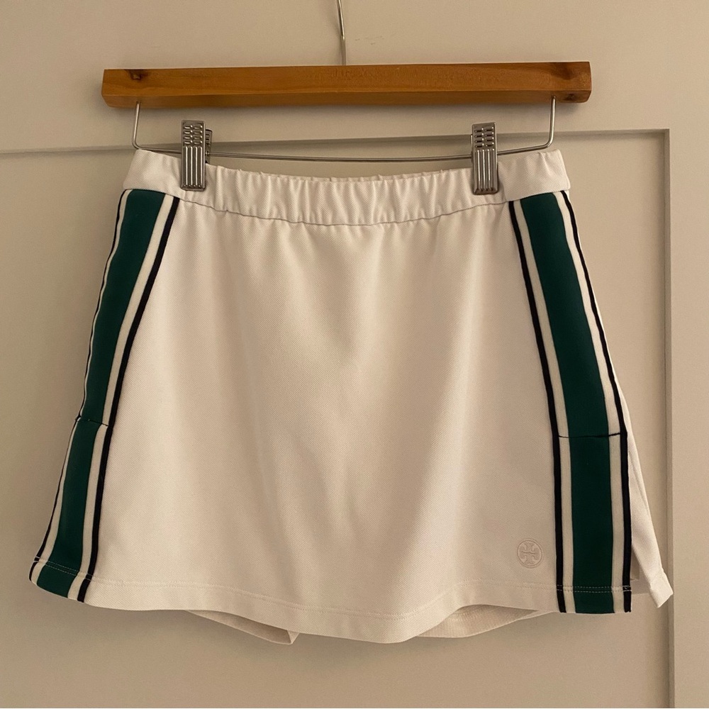 Tory Sport White Tennis Skirt with Green Stripes